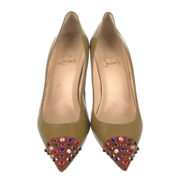 Christian Louboutin RARE Olive Green Cabo Pointed Pumps Jewelled Cap Toe EU 39.5 - Picture 4 of 15